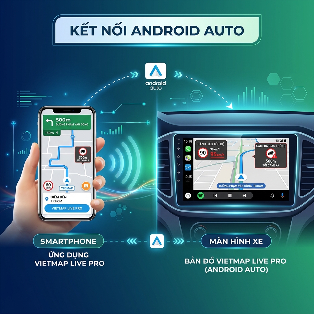 Vietmap Live Pro kết nối Android Auto trên màn hình ô tô 2026