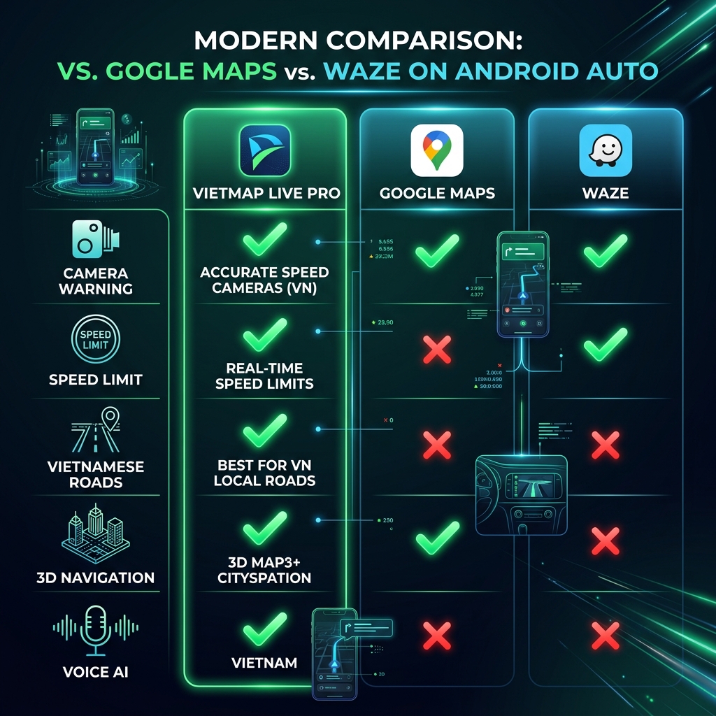 So sánh Vietmap Live Pro và Google Maps trên Android Auto 2026
