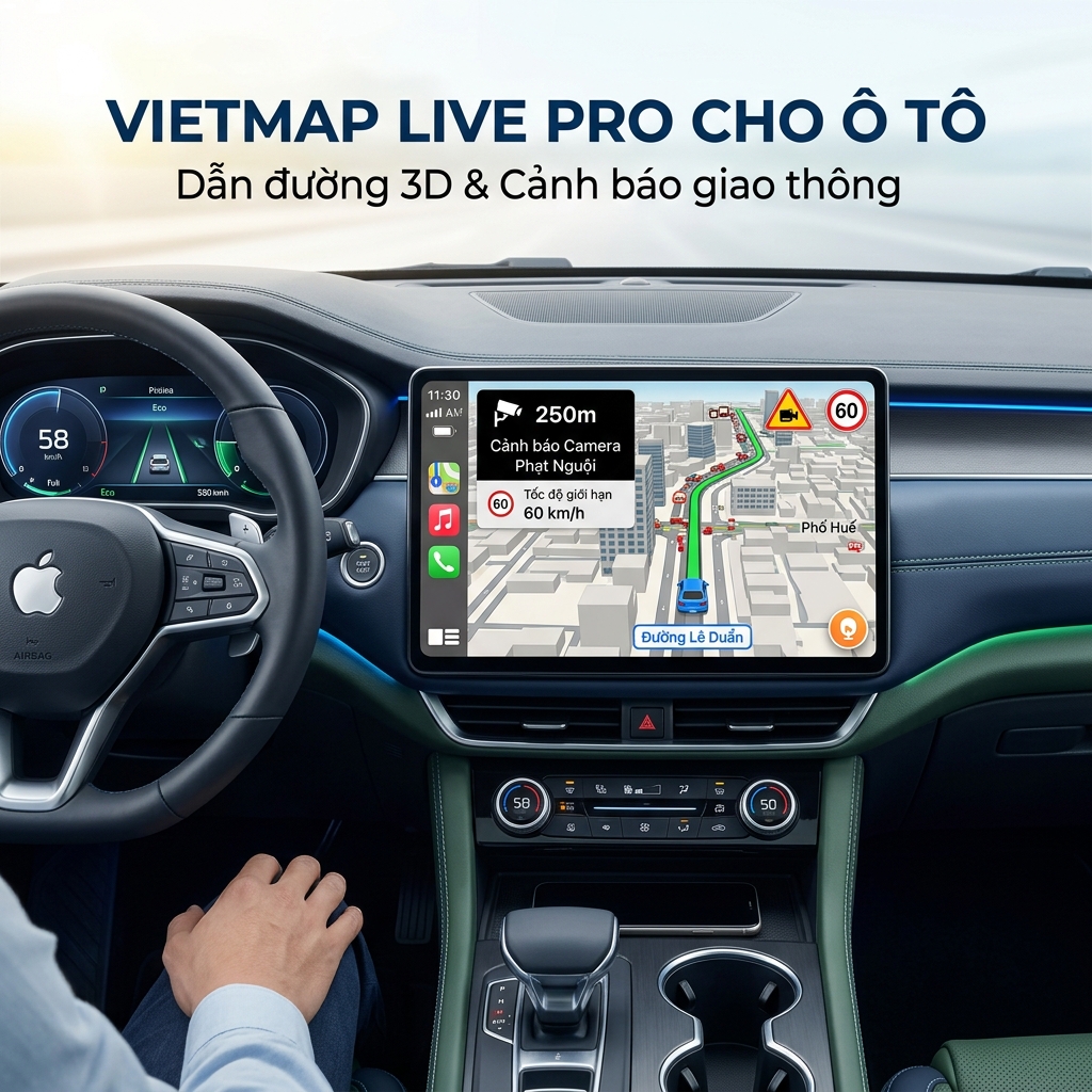 Vietmap Live Pro cho ô tô hiển thị trên màn hình CarPlay với cảnh báo camera